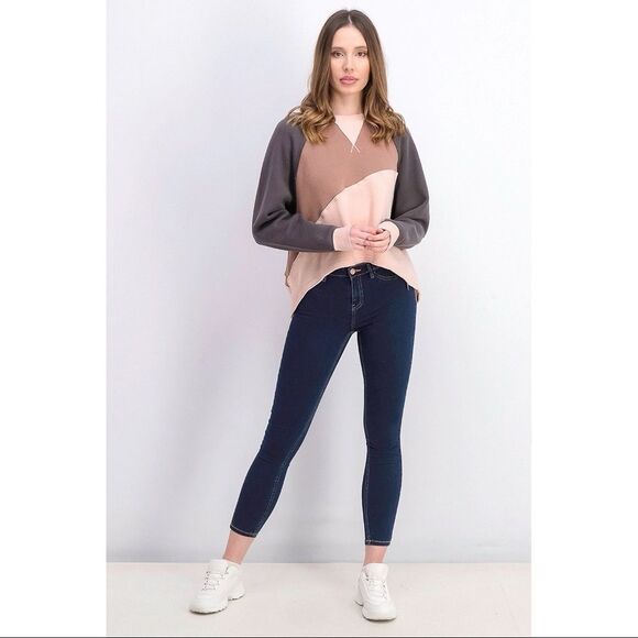 Free People- Women's Colorblocked Crew Neck Sweater, Washed Geranium - Picture 2 of 9